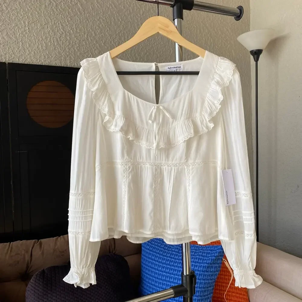 Reformation Belden Top Ruffle Puff Sleeve Square Neck White Small Cottagecore